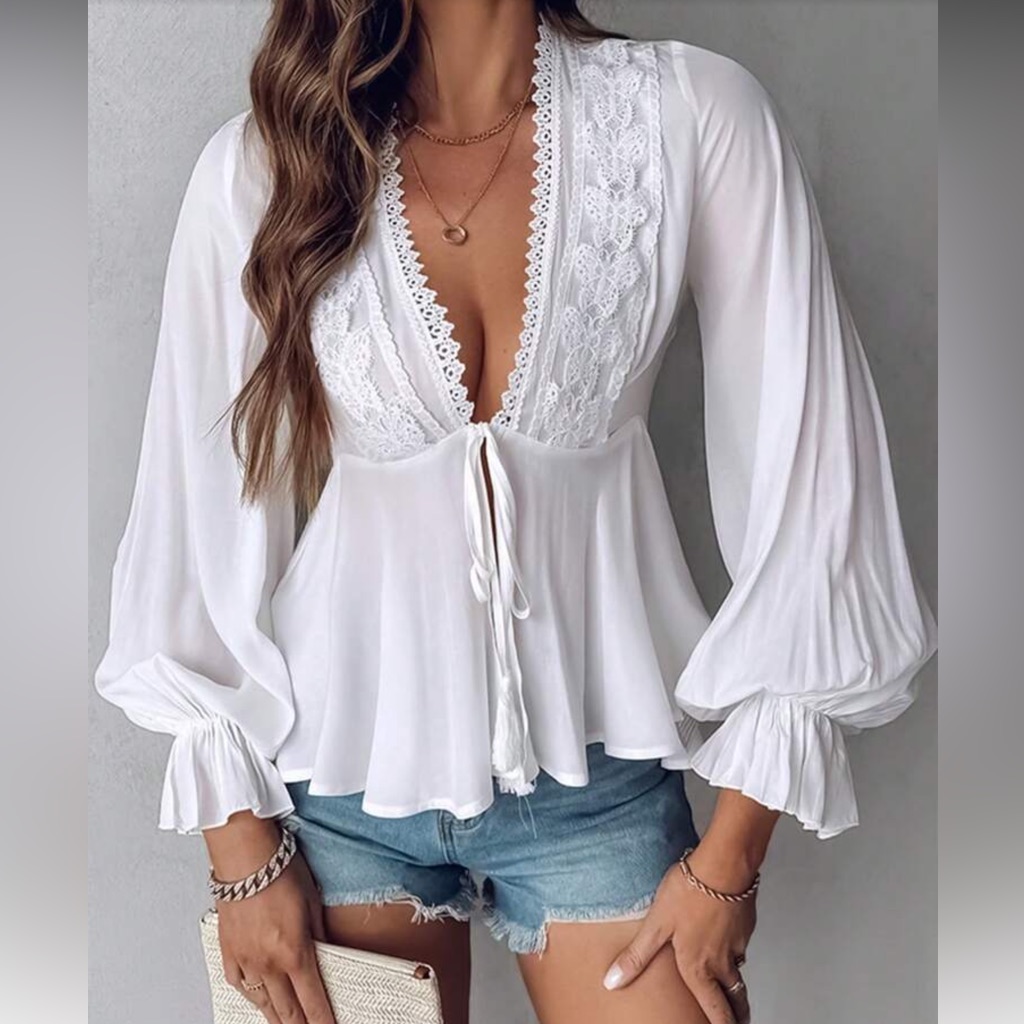 White Lace Detail Ruffle Hem Peplum Blouse